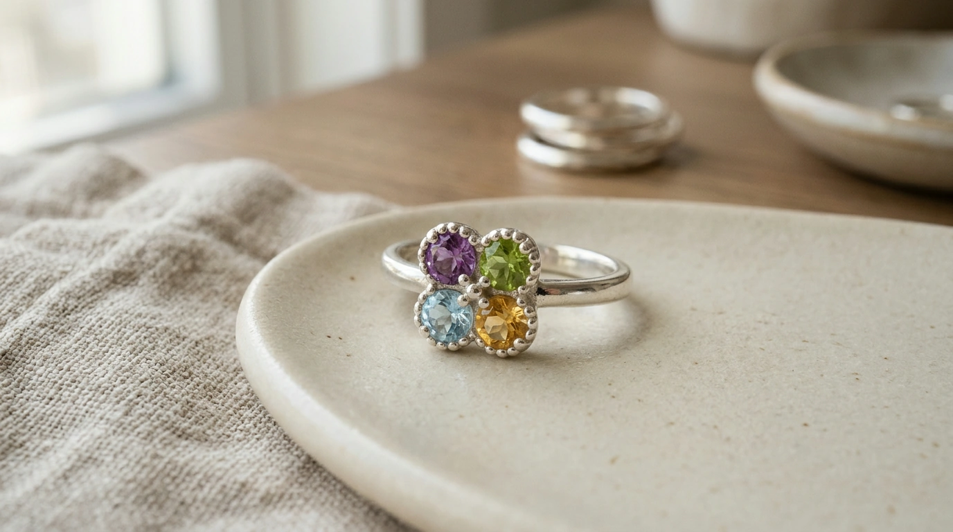 925 Sterling Clover Flower Ring with 4 Natural Gems
